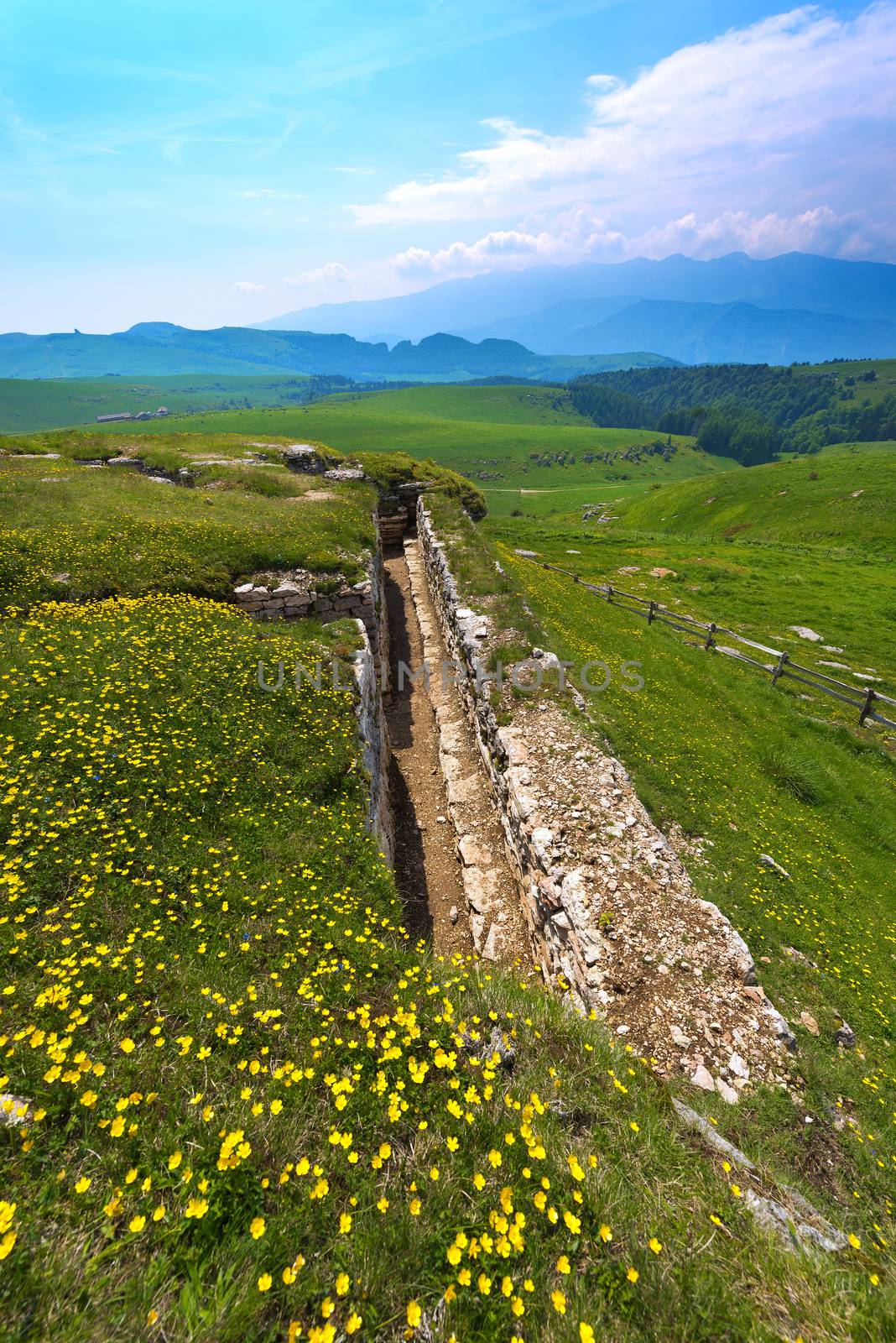 Ancient trenches of World war one in the Regional Natural Park of Lessinia, Veneto, Verona, Italy 