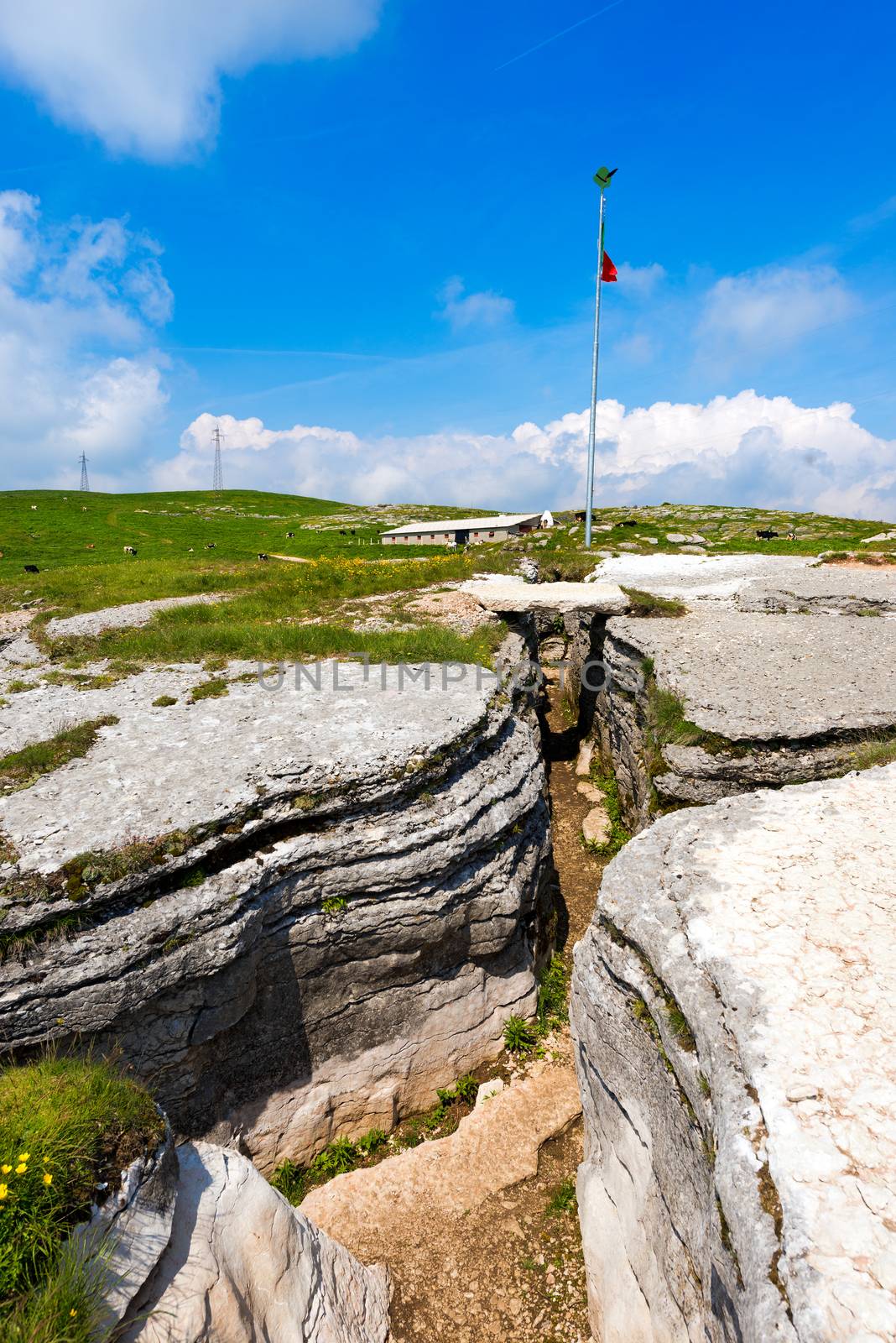 Ancient trenches of World war one in the Regional Natural Park of Lessinia, Veneto, Verona, Italy 