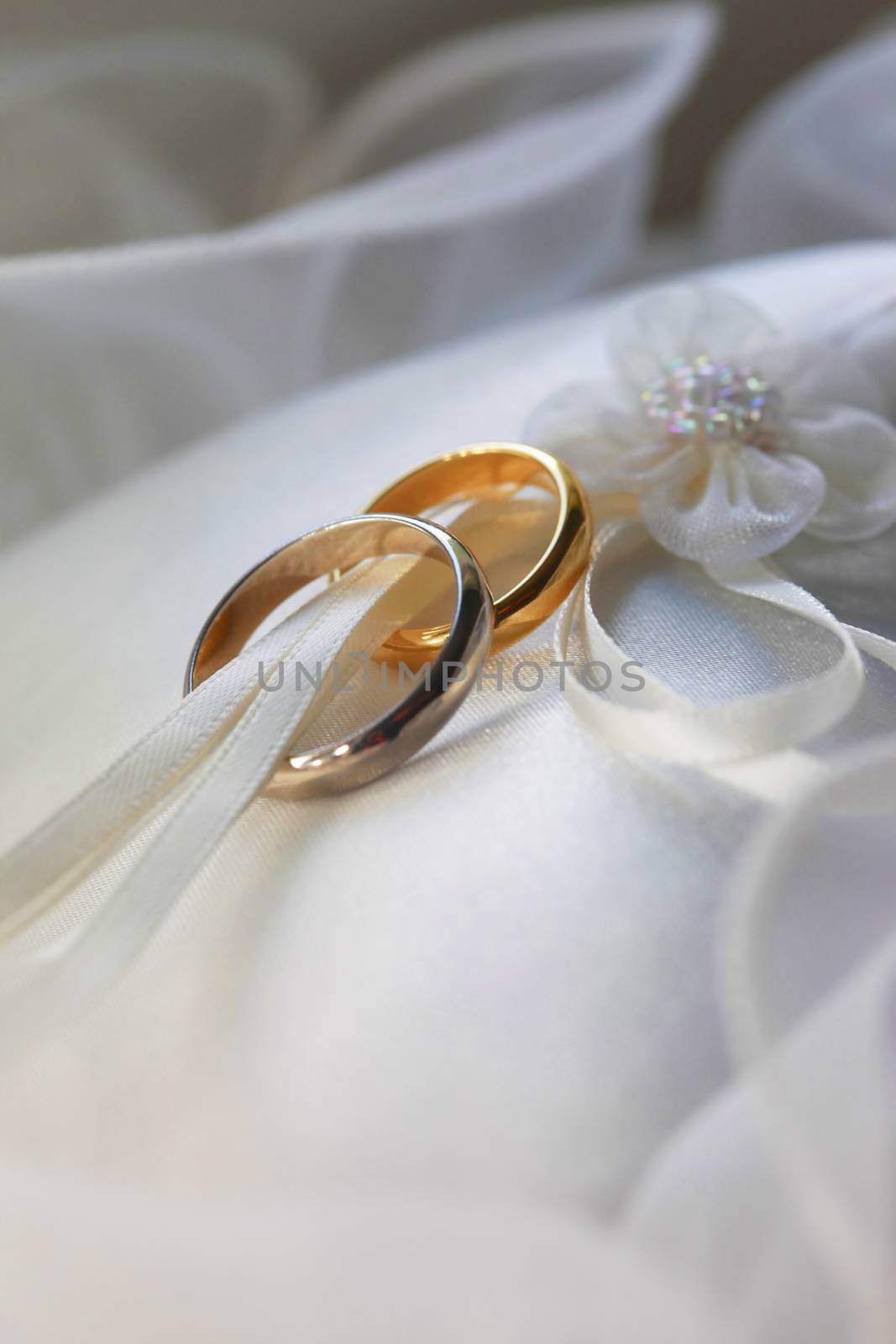 Wedding rings on a white satiny fabric