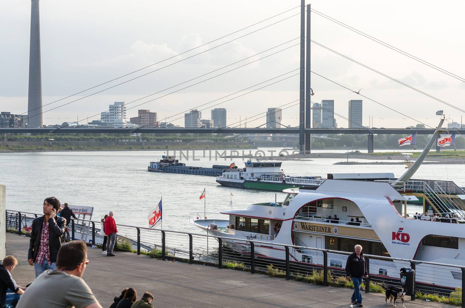 Dusseldorf Altstadt, Nrw, Germany - September 21, 2014: Rhine River Promenade in Dusseldorf Atlstadt.Die shore promenade in the old town of Düsseldorf designed by architects Niklaus Fritschi is one of the most beautiful.