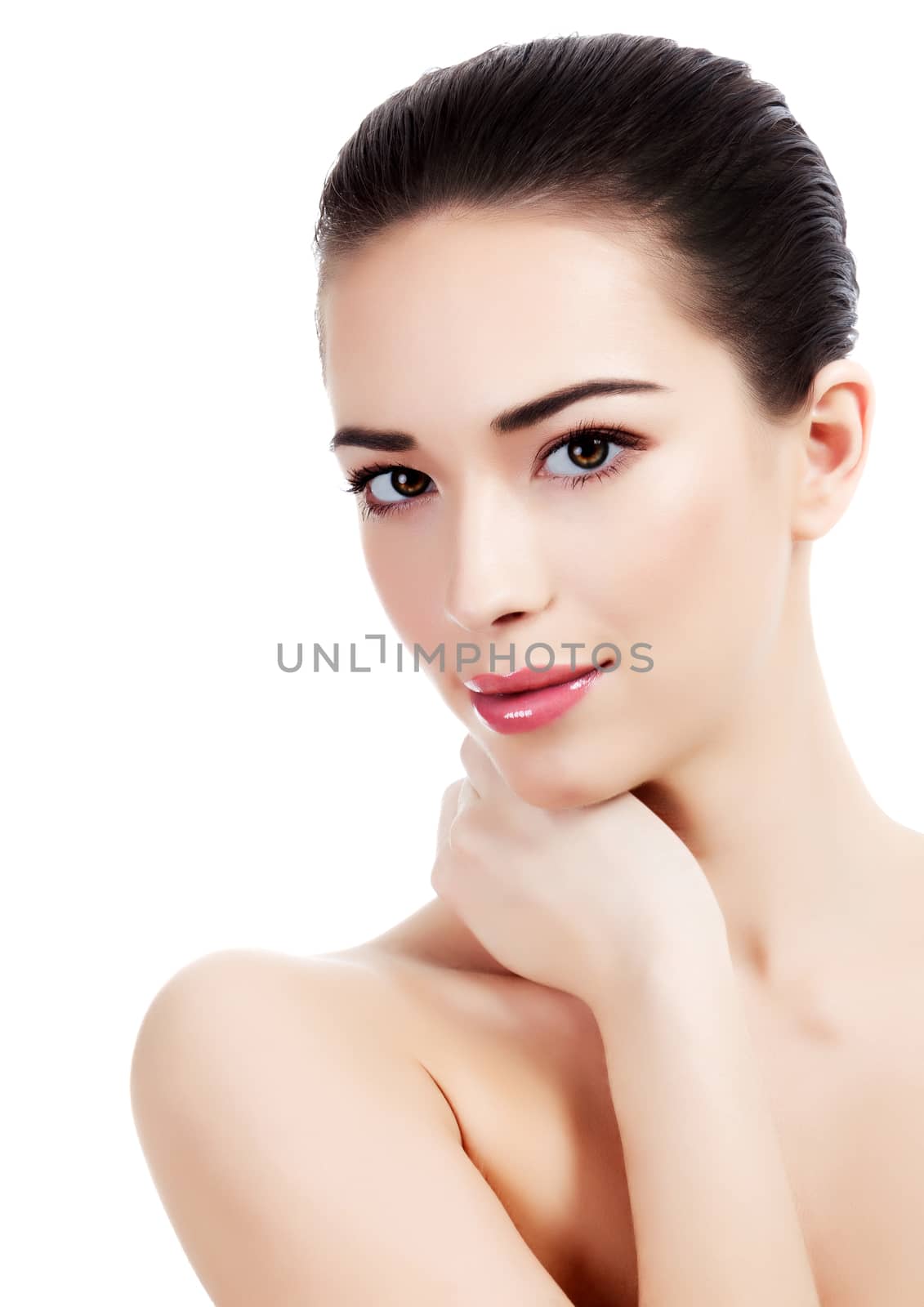 Beautiful girl with clean fresh skin, white background