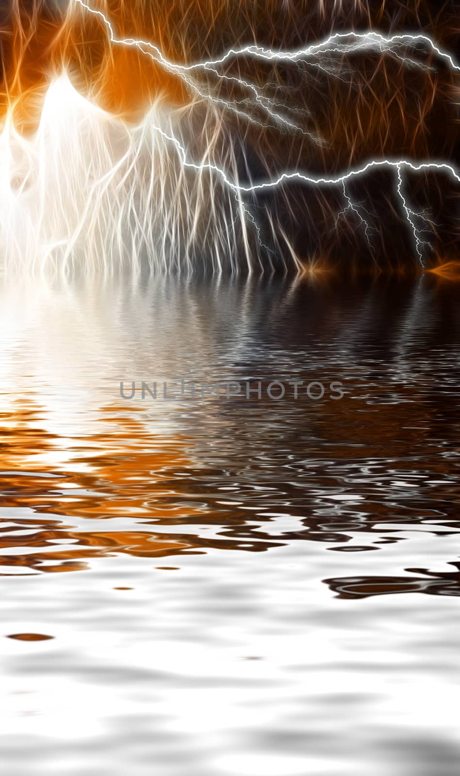 Abstract landscape. Lightning on a fantastic sky reflected in water