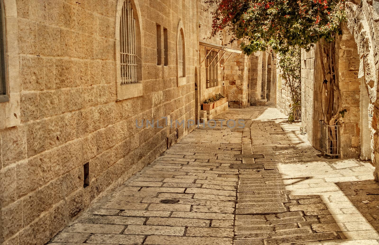 Ancient Alley in Jewish Quarter, Jerusalem. Israel. Photo in old color image style.