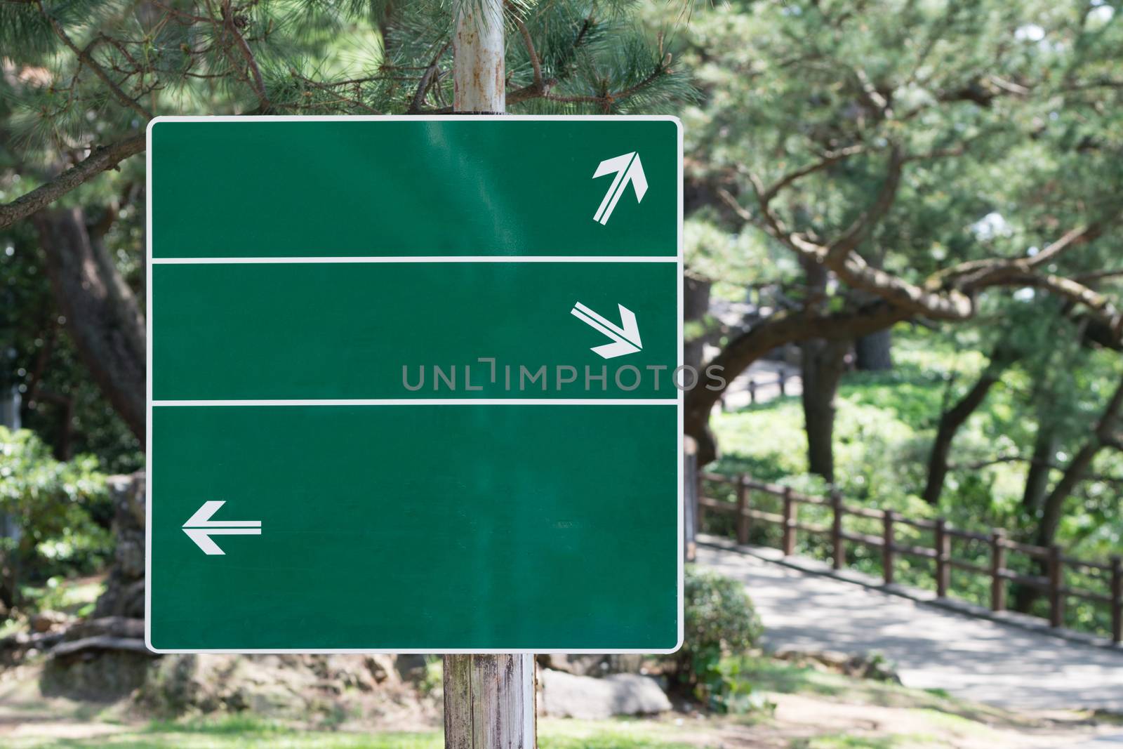 A blank green sign with 3 arrows pointing in different directions outdoors.