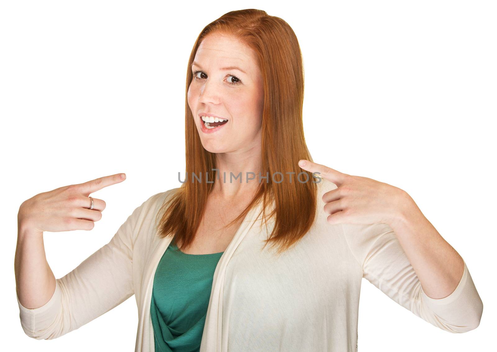 Young adult white female pointing fingers at herself