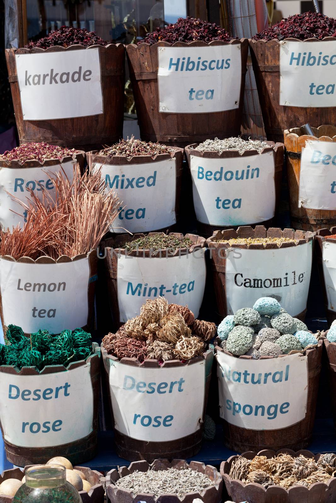 stall on the street with dried leaves 
various kinds of tea