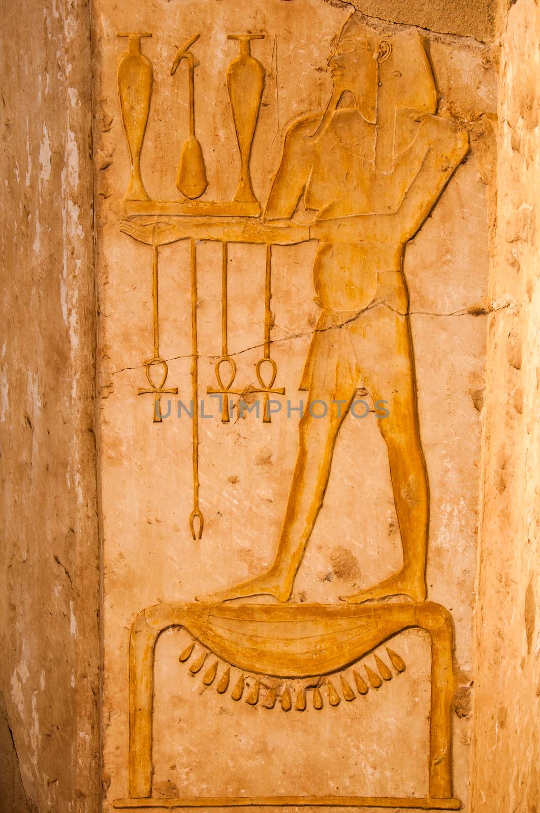 Detail of ancient hieroglyphs carved in stone, Queen Hatshepsut temple, Egypt
