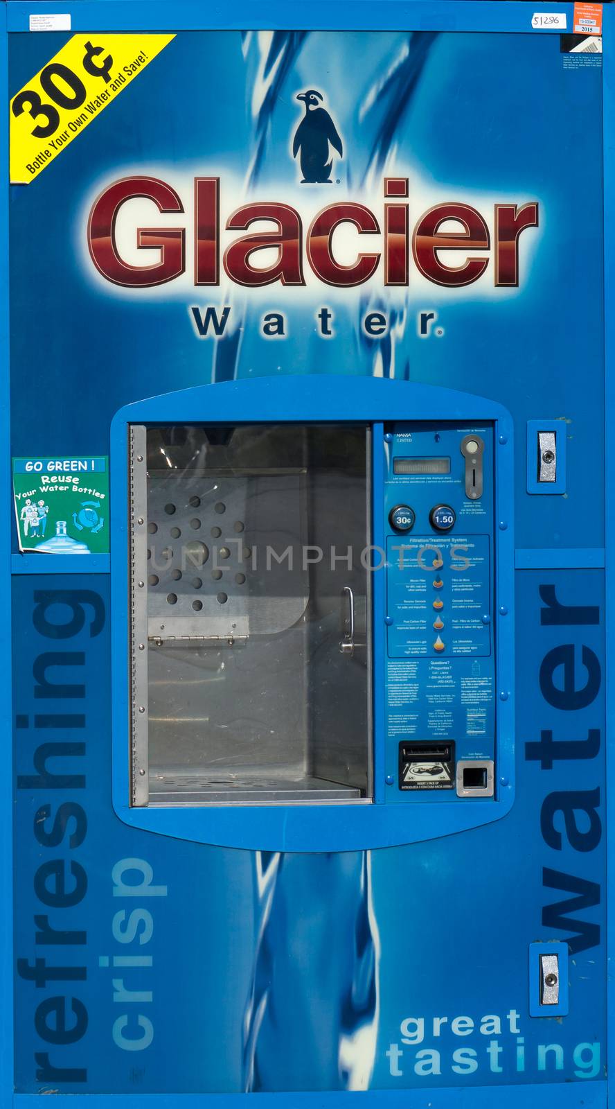CANYON COUNTRY, CA/USA - MAY 31, 2015: Glacier Water machine. Glacier Water owns and operates Water and Ice vending machines in North America.