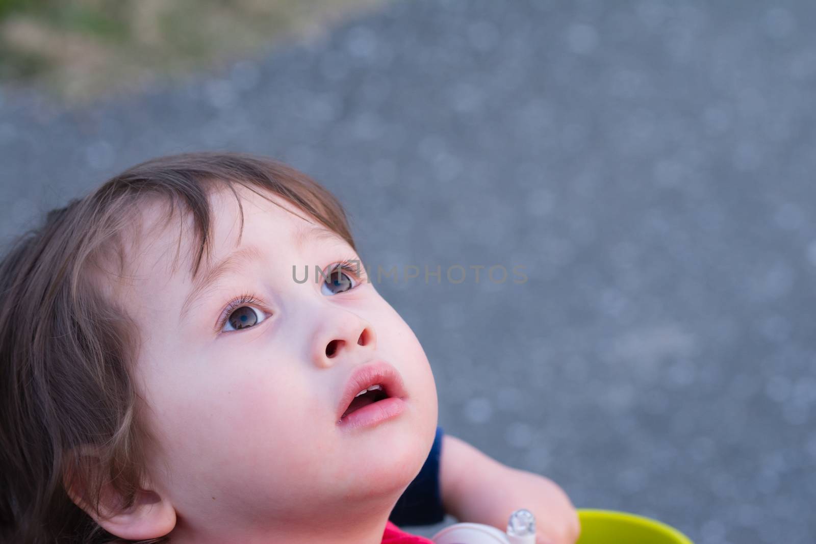 A 2 year old boy staring off into the sky.