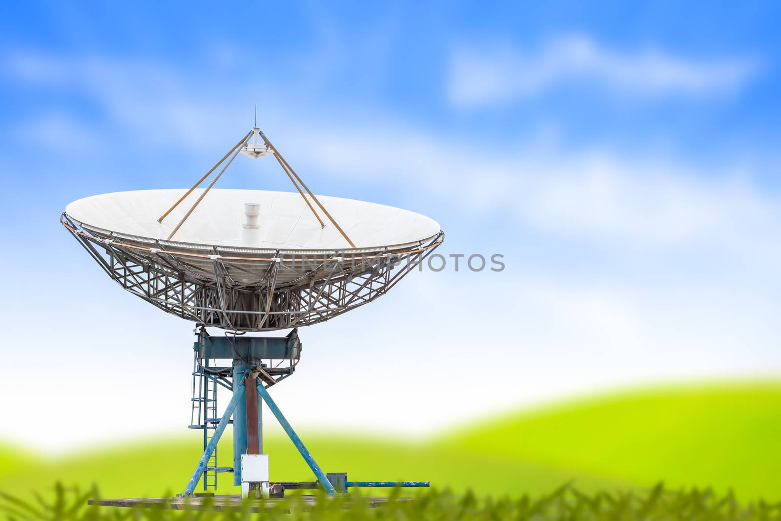 satellite dish antenna radar big size and blue sky grass backgro by FrameAngel