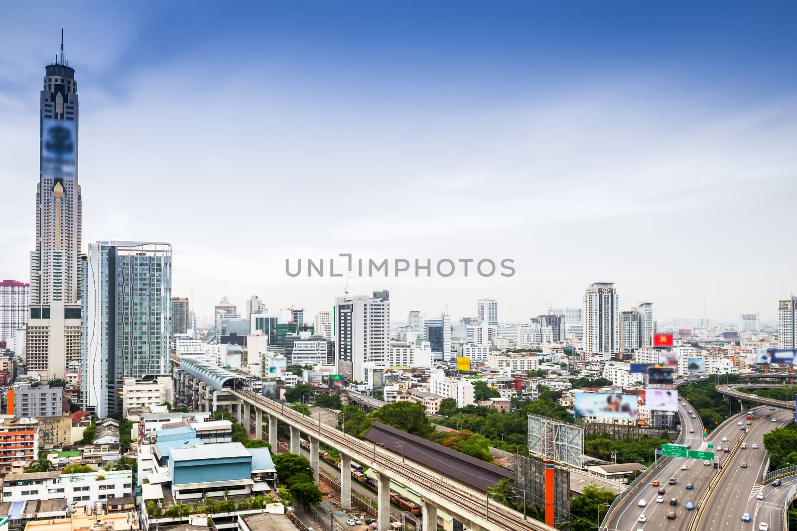 Business Building Bangkok city area at night life with transport by FrameAngel