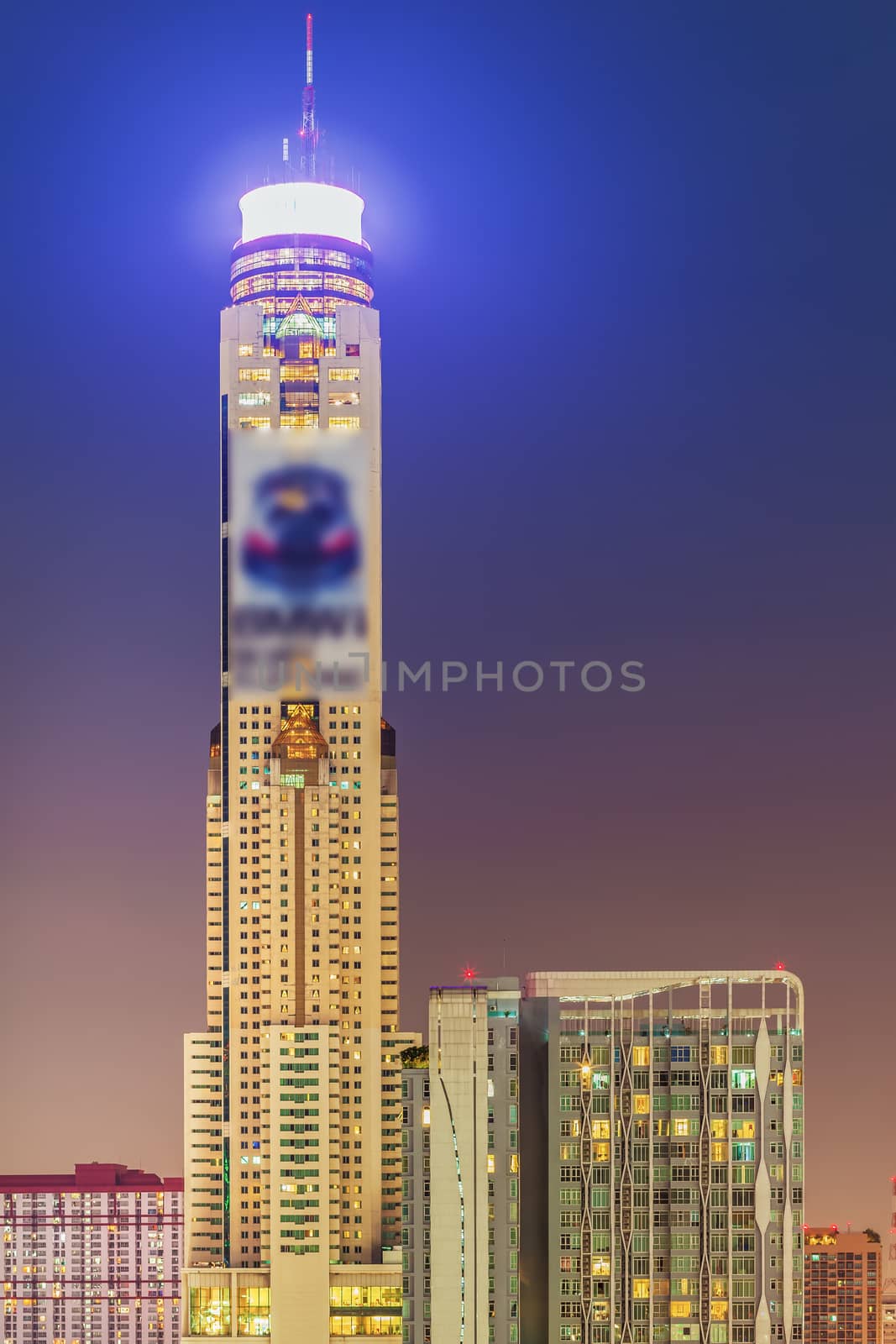 BANGKOK, THAILAND - MAY 4: The highest building of Thailand, names "Baiyok tower" in business city area at night, high angle bird eyes view in Bangkok, Thailand on May 4, 2015