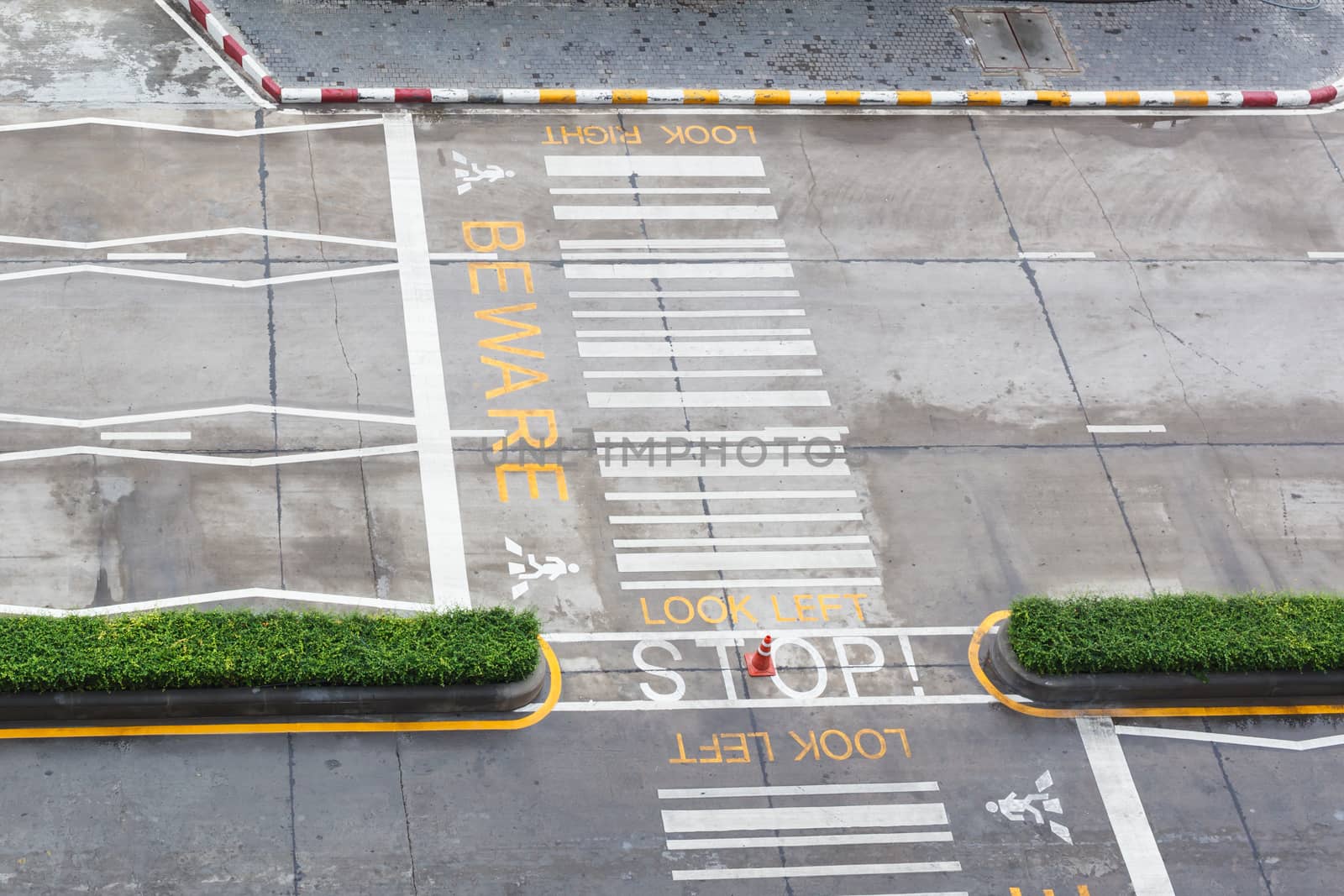 zebra crossing, on urban asphalt road for passenger or people and transportation at night time, top view