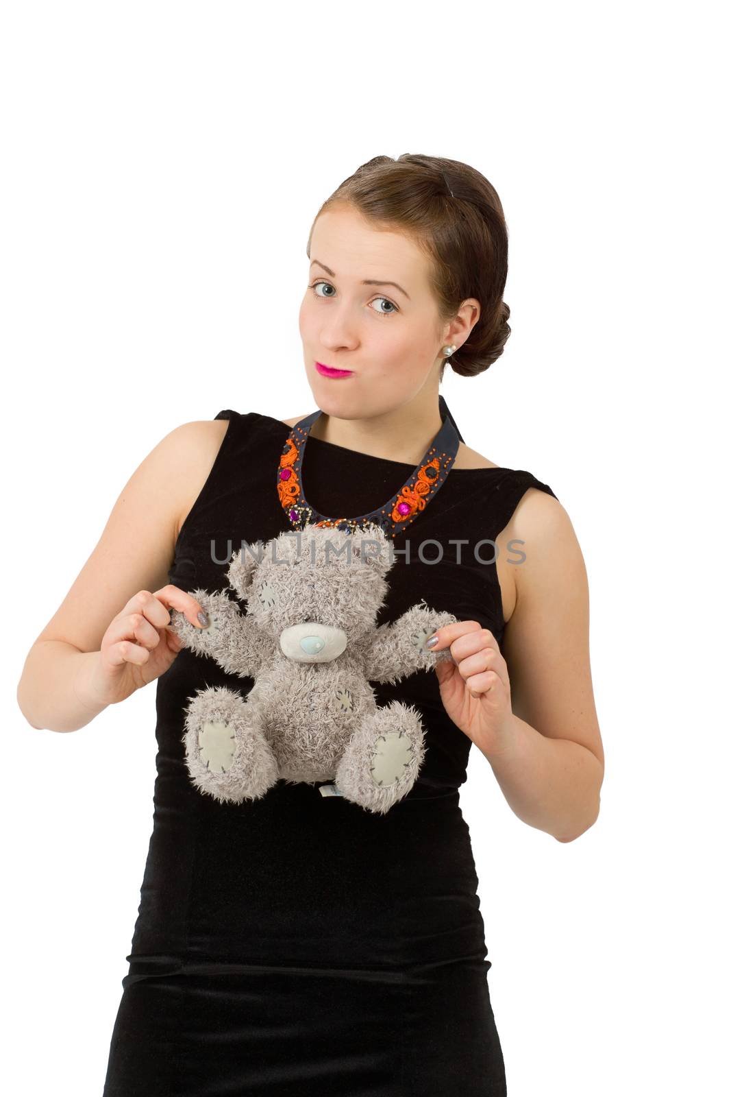 attractive smiling brunette holding teddy bear by artush