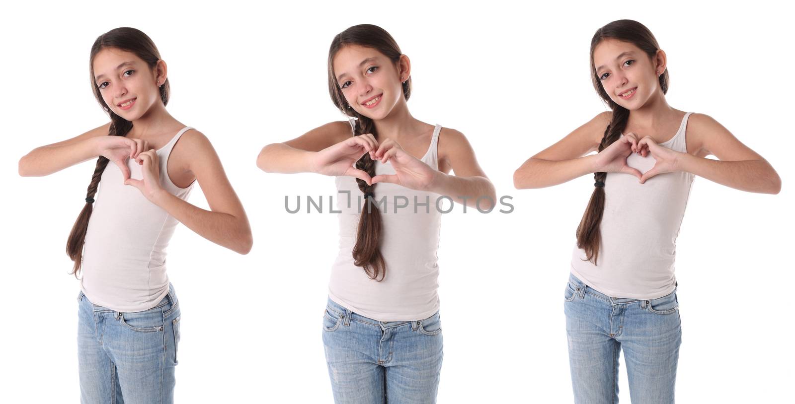 Collage of a young girl doing a heart with his hands. Isolated by Erdosain