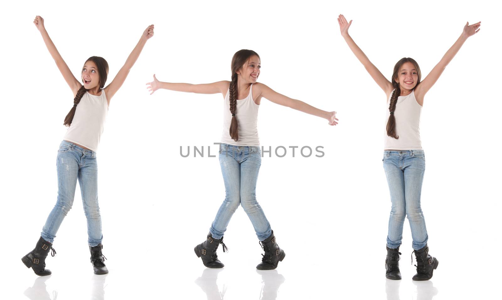 A happy young girl doing different poses. Isolated on white background