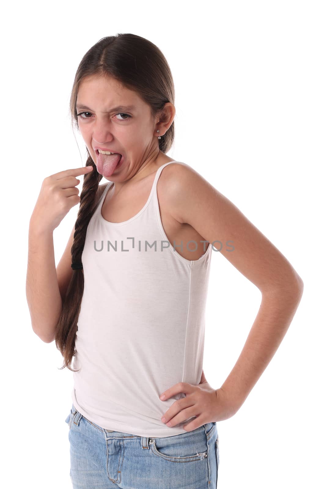 Young girl with an expression of disgust. Bad taste. Isolated