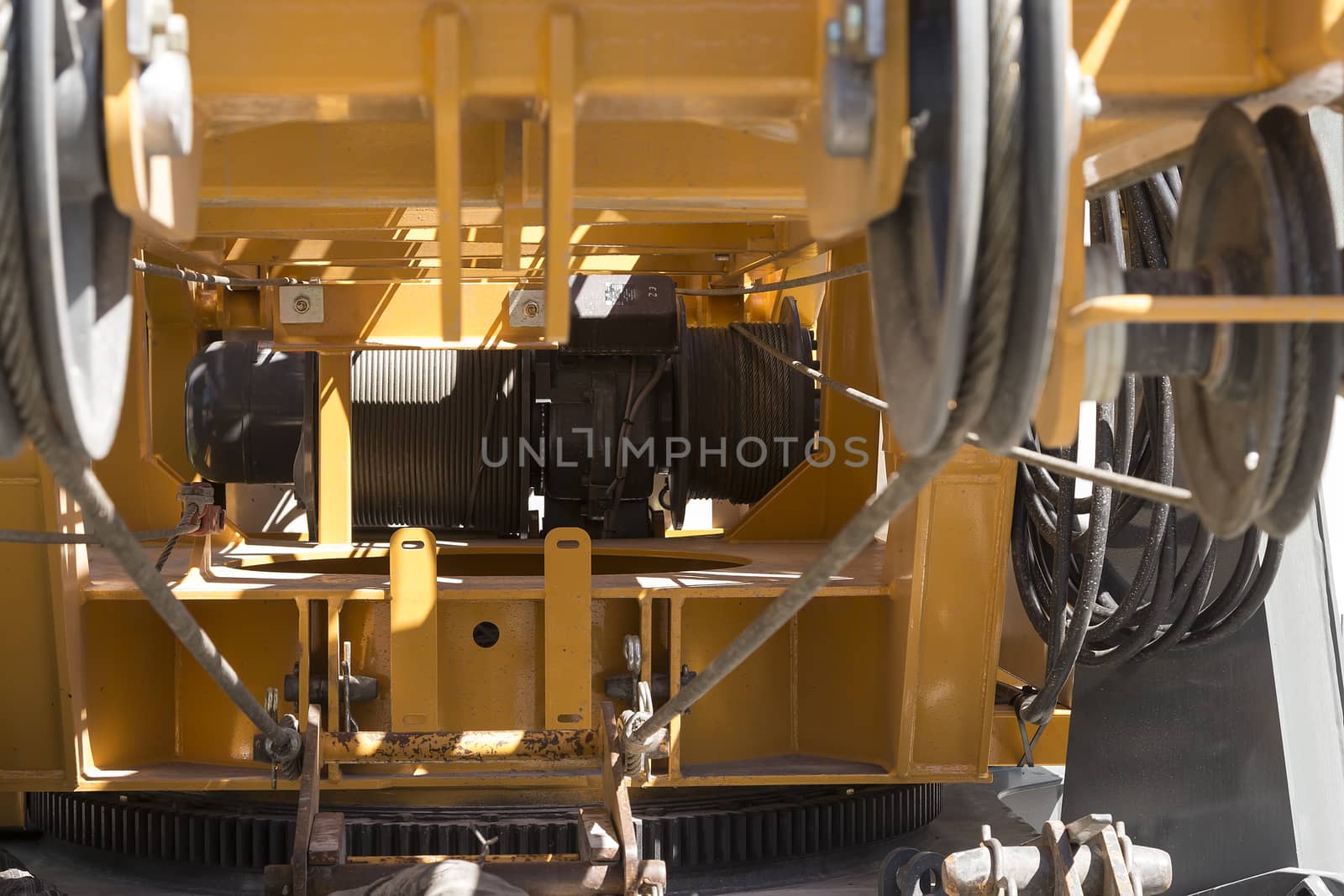 A close up on the wire cable on an industrial crane.