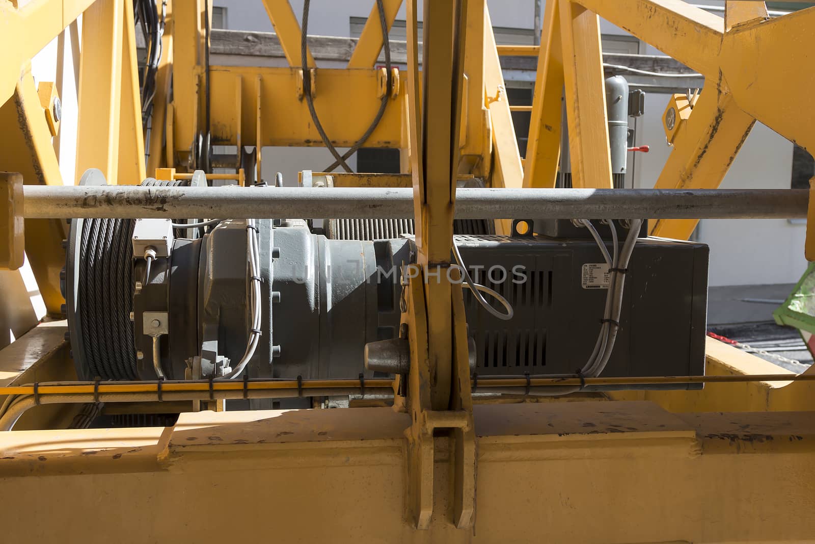 A close up of the enginge on a crane
