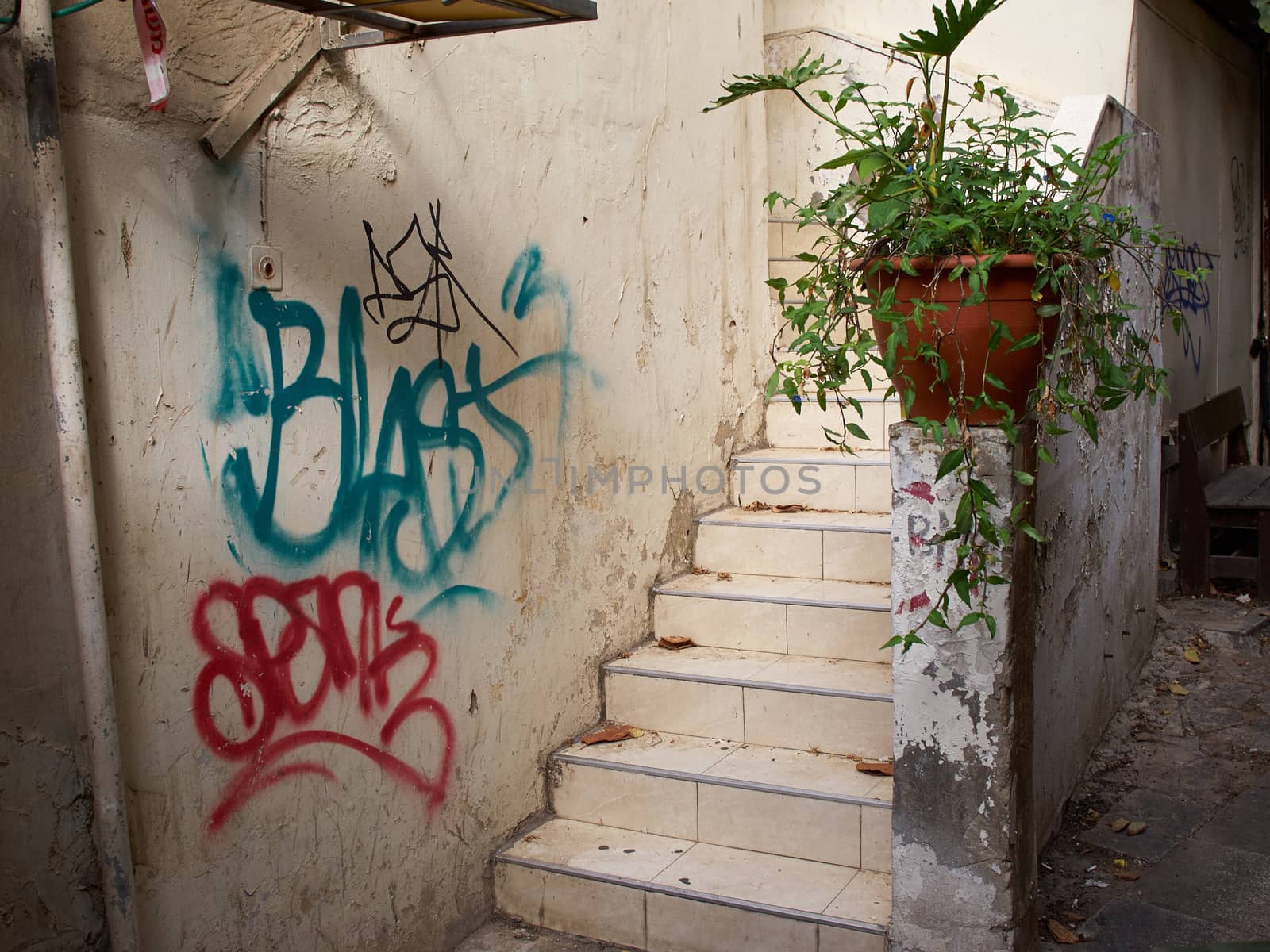 Dirty old grunge backyard of a house in a poor downtown area