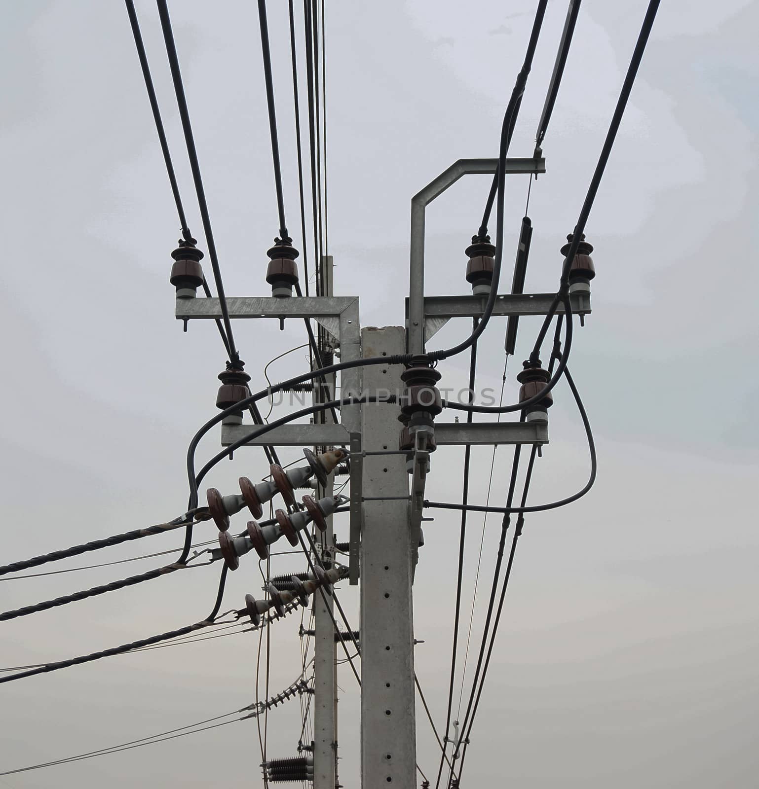 Electric poles located along street, power cable connection to home lines.                               