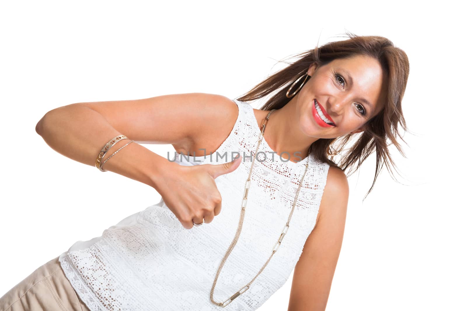 Close up Stylish Pretty Woman in Showing Two Thumbs up Signs at the Camera. Isolated on White Background.
