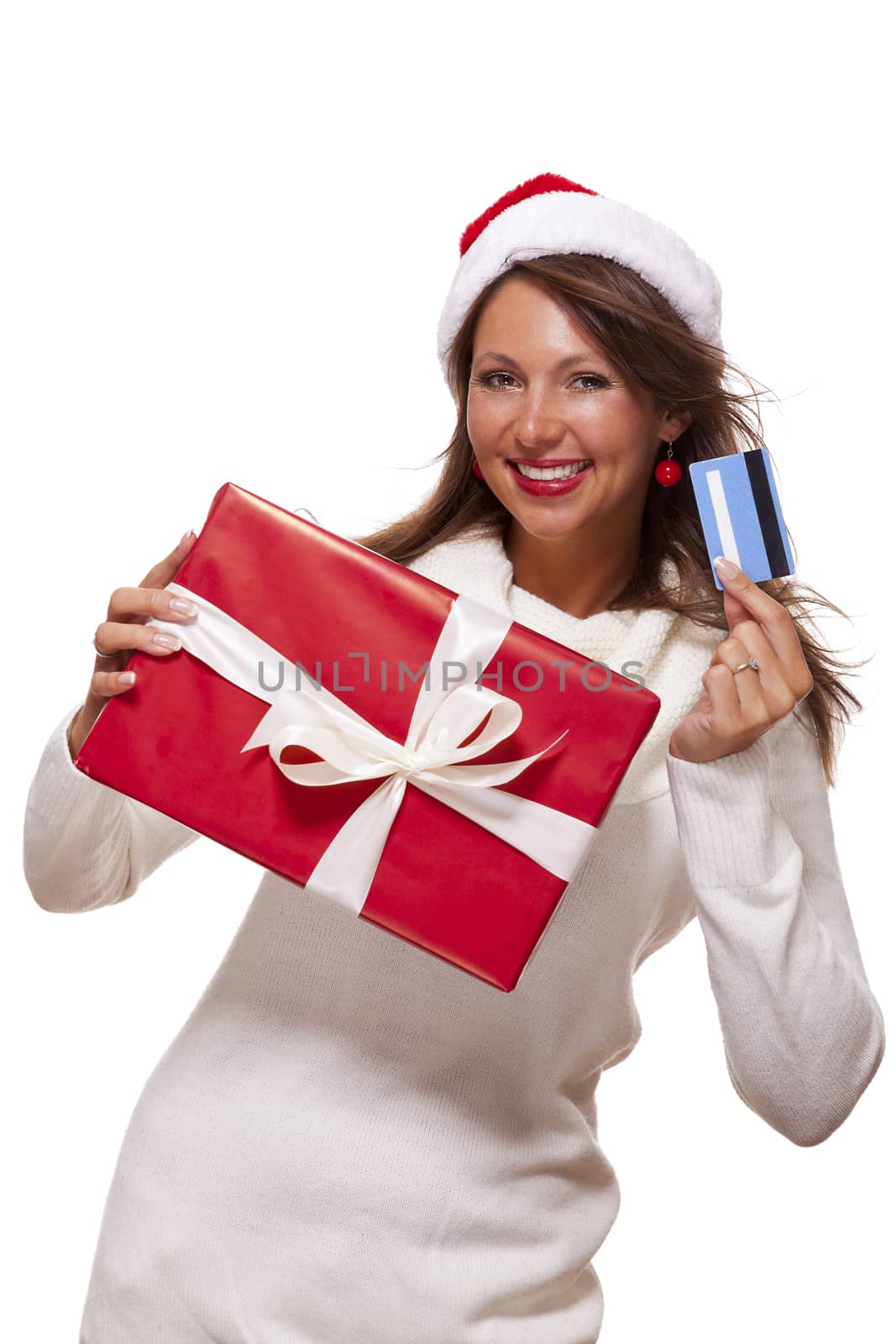 Woman holding a Christmas gift and bank card by juniart