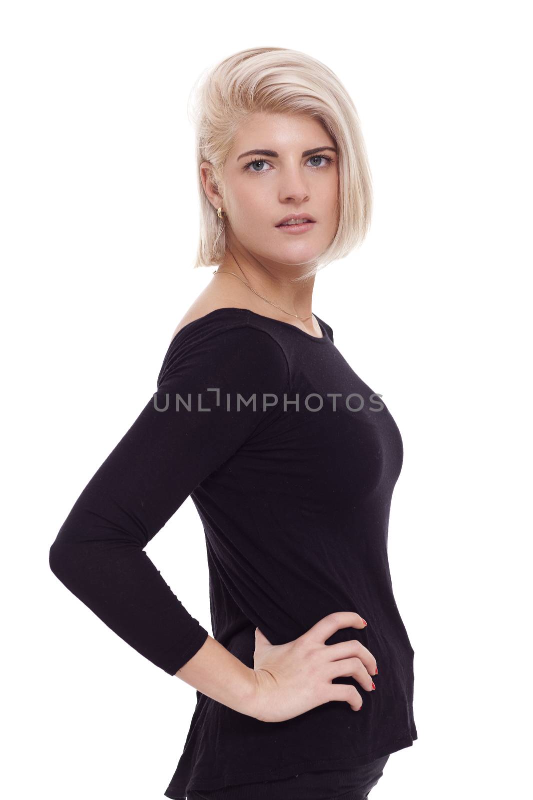 Close up Portrait of Pretty Blond Woman Posing in Trendy Black Shirt While Looking at the Camera. Isolated on White Background.