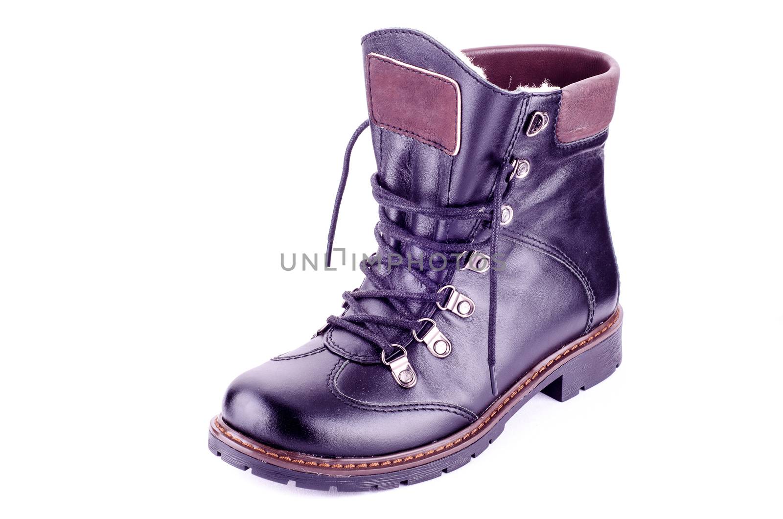 Womens leather boots in black on a white background