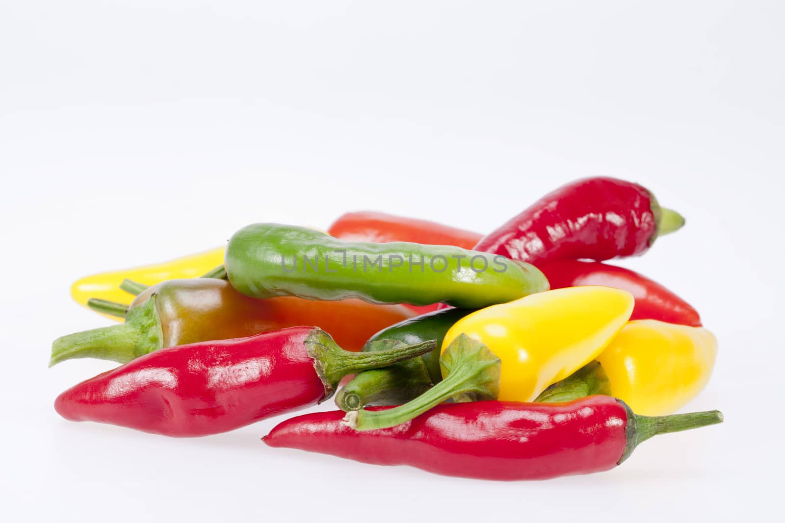 heap of colorful raw chili pepper isolated on white background