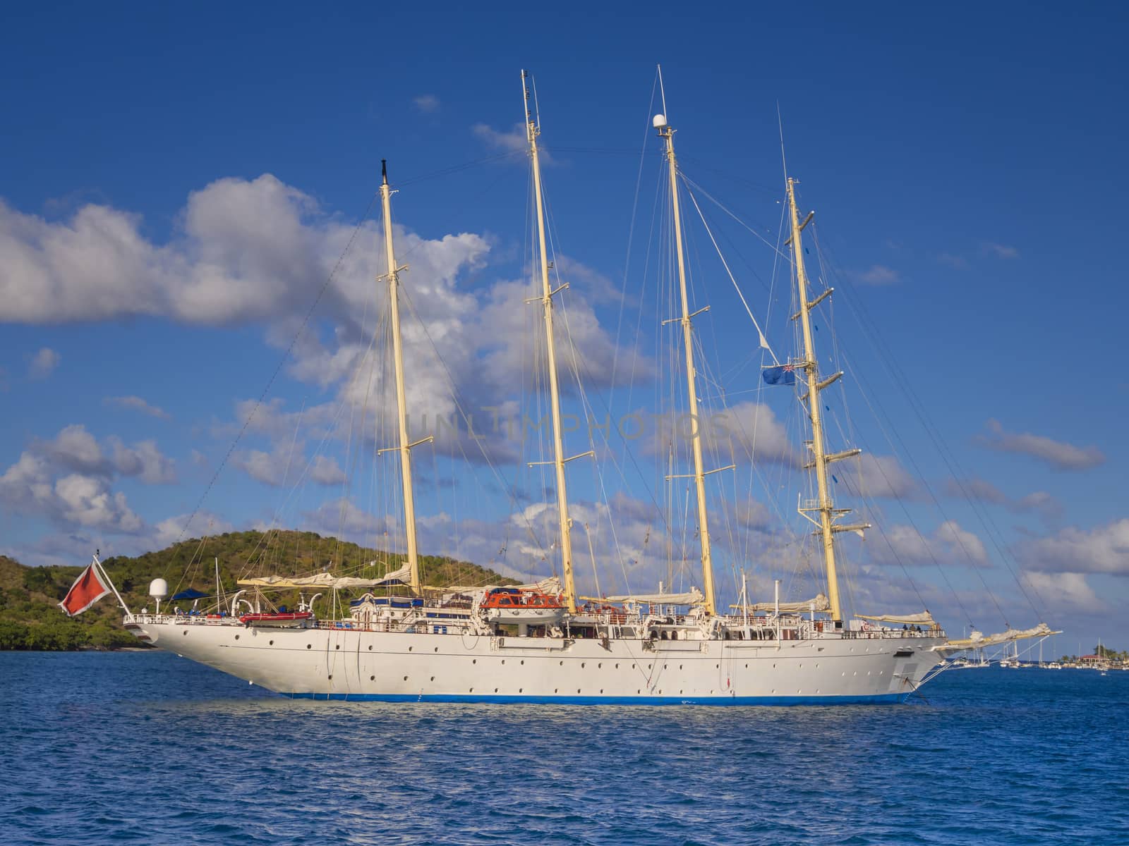 Four masted sailing ship cruising the British Virgin islands