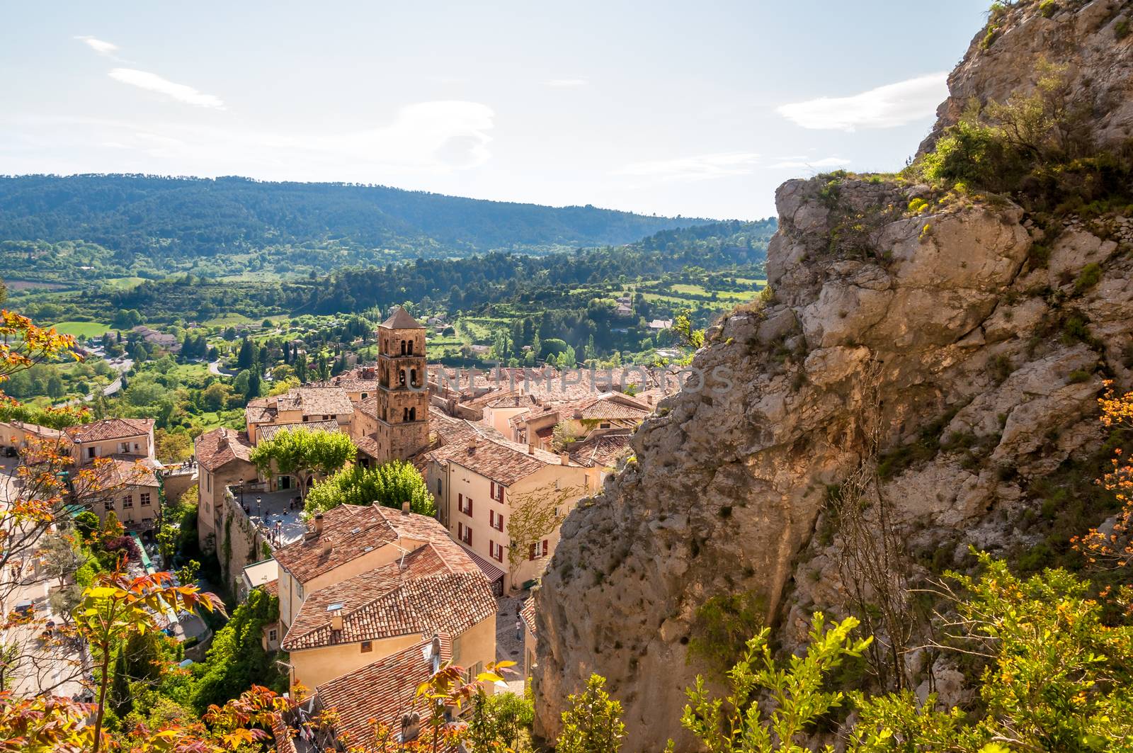 Scenic view of old village Moustiers Sainte-Marie in Provence, France