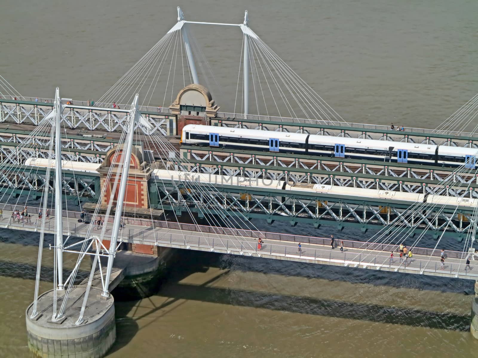 Aerial view of trains on a bridge