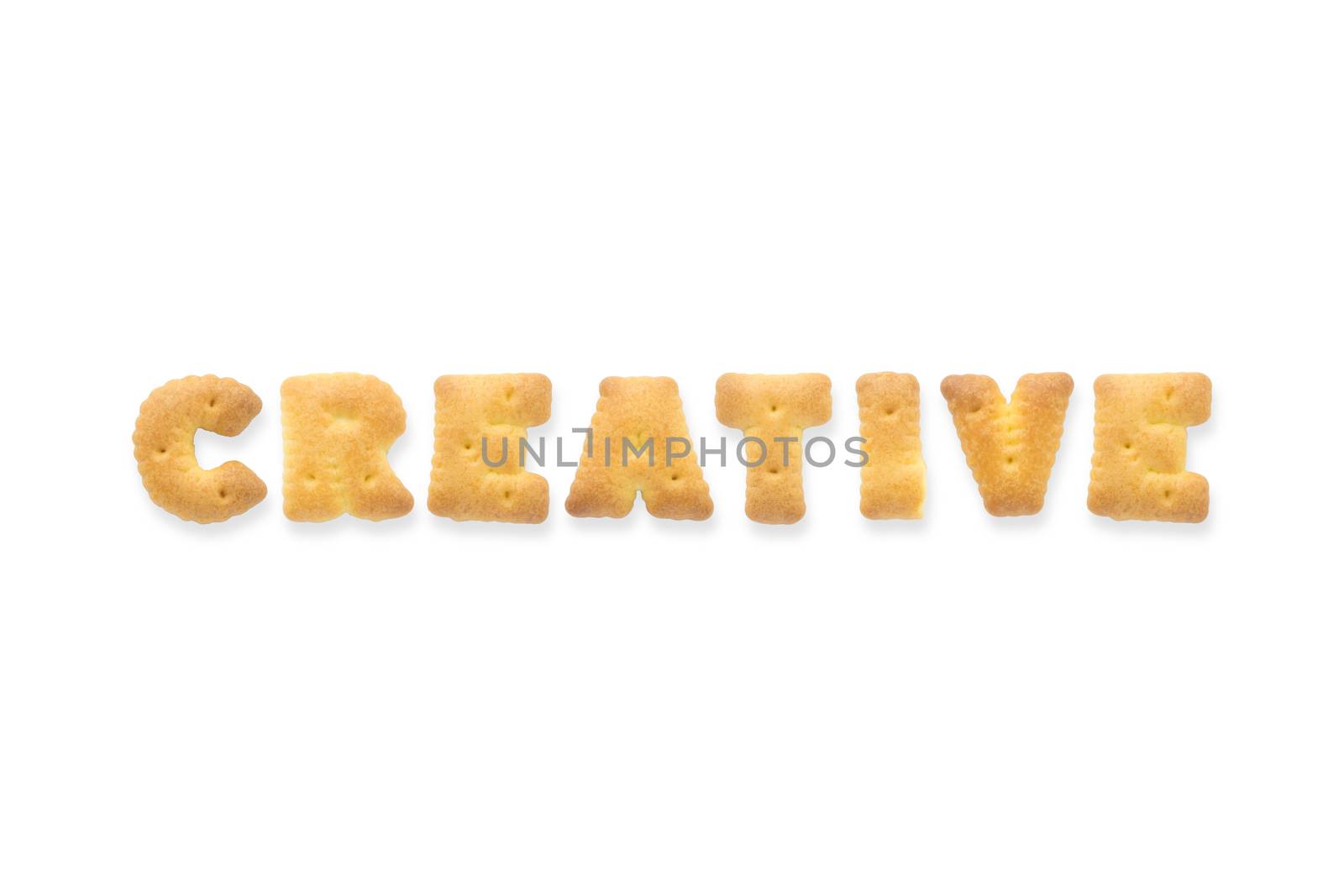 Collage of the capital  letter word CREATIVE. Alphabet cookie biscuits isolated on white background