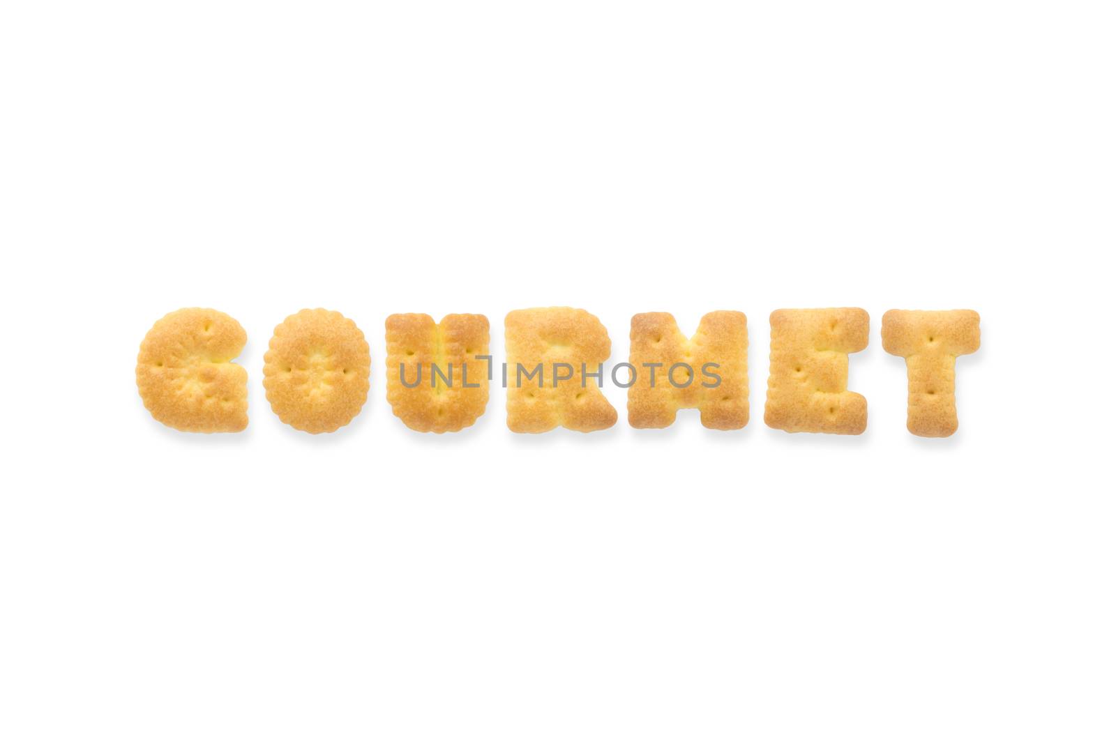 Collage of text word GOURMET. Alphabet biscuit cracker isolated on white background