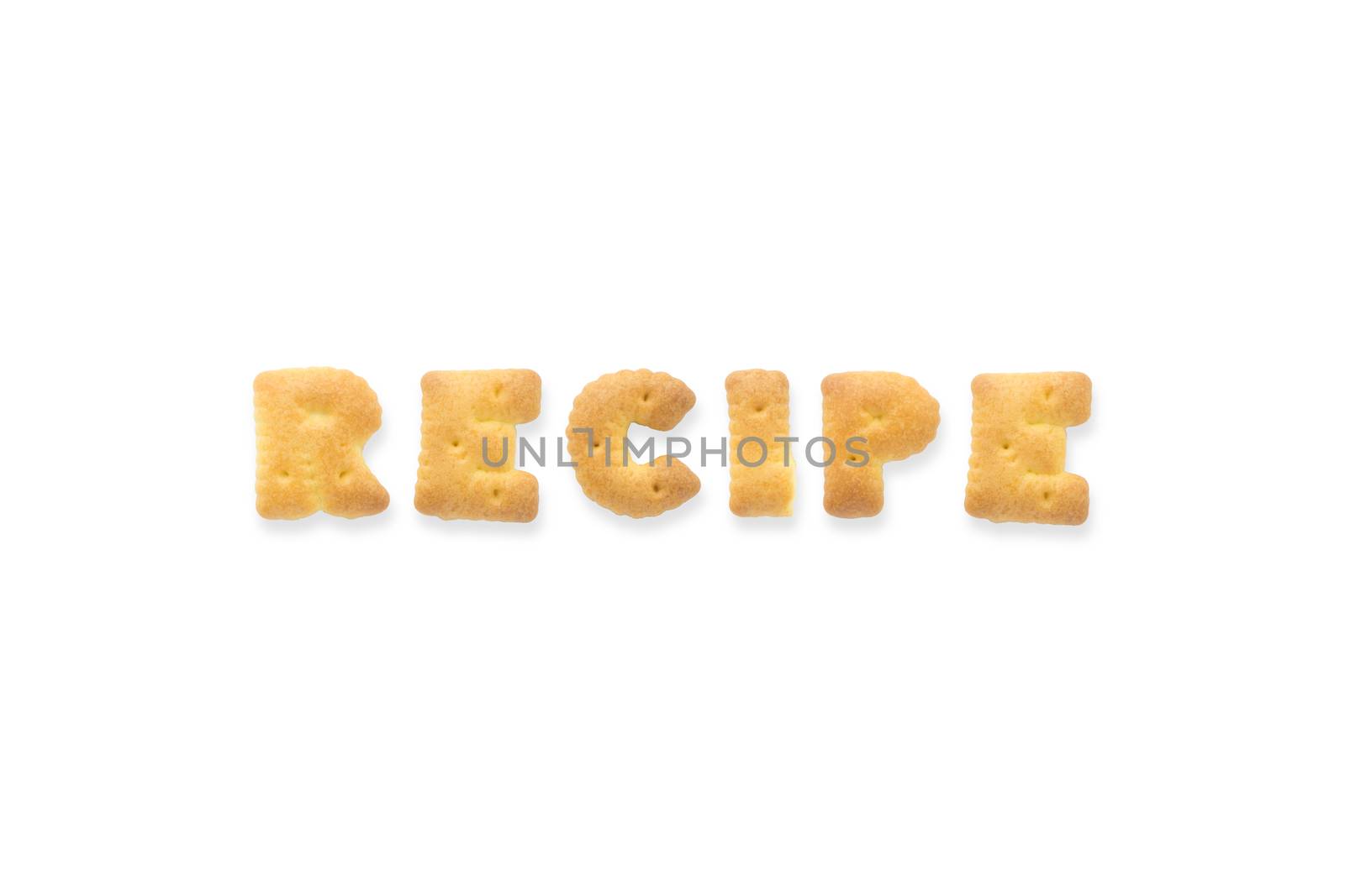 Collage of the capital  letter word RECIPE. Alphabet cookie biscuits isolated on white background