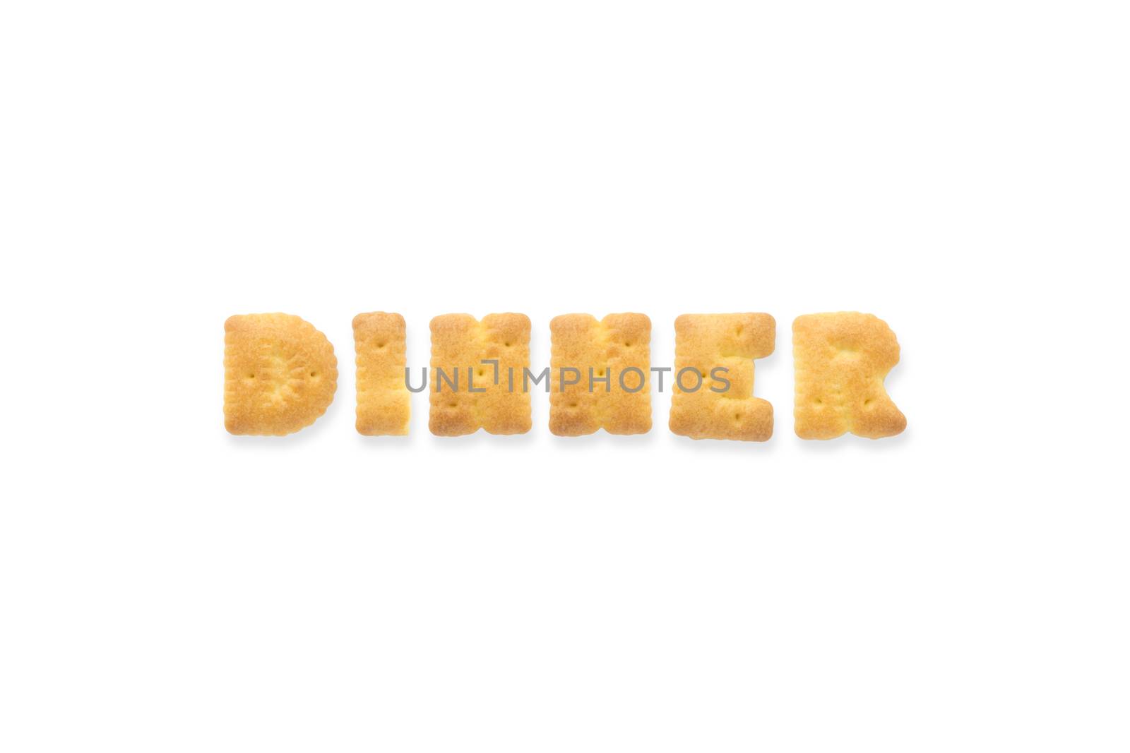Collage of the uppercase letter-word DINNER. Alphabet cookie cracker isolated on white background