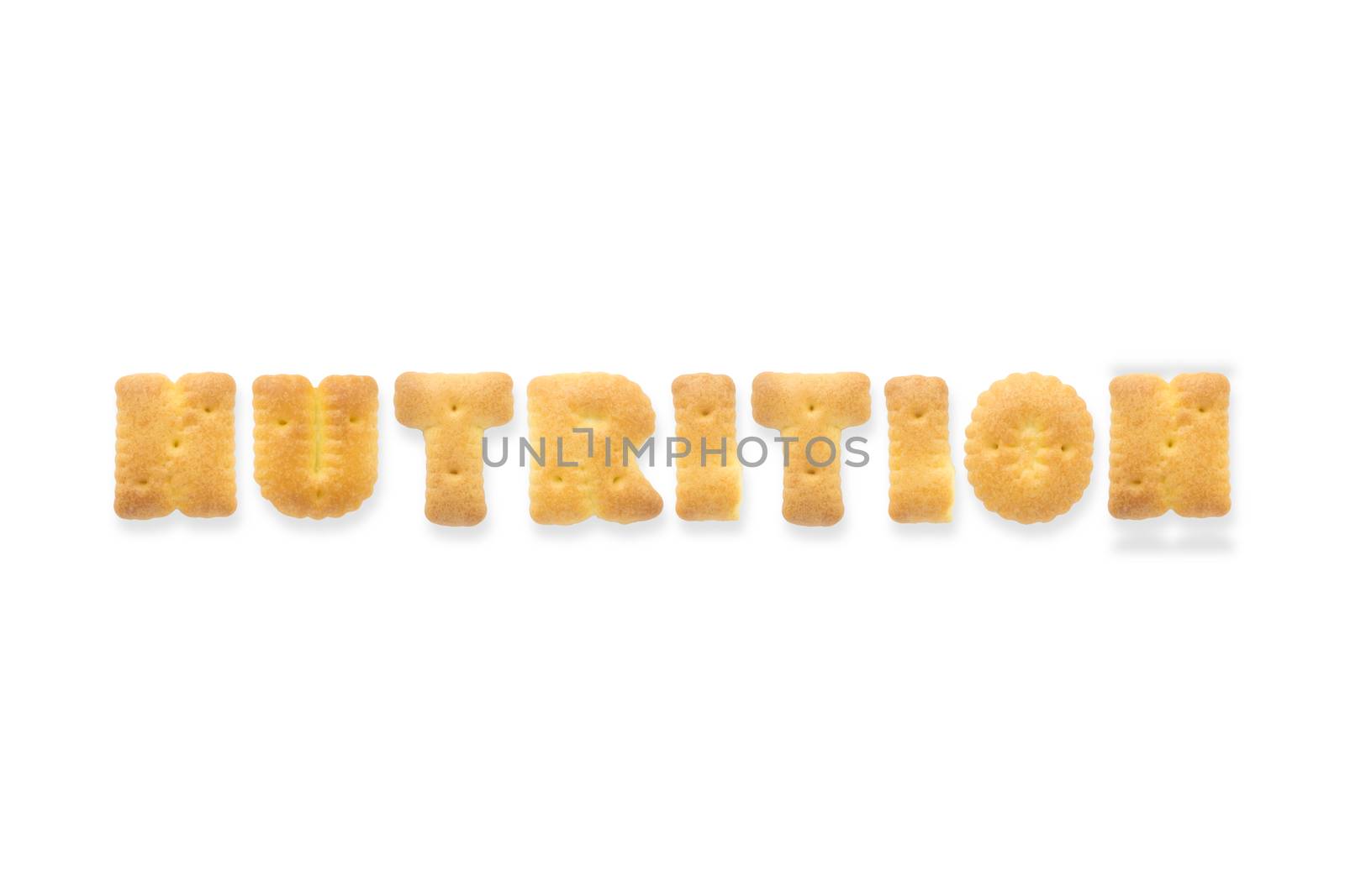 Collage of the uppercase letter-word NUTRITION. Alphabet cookie cracker isolated on white background