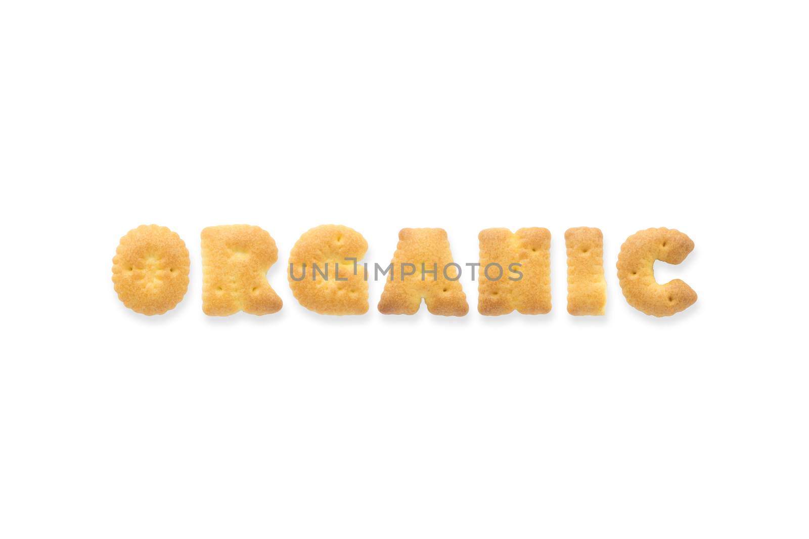 Collage of the character word ORGANIC. Alphabet biscuit cracker isolated on white background