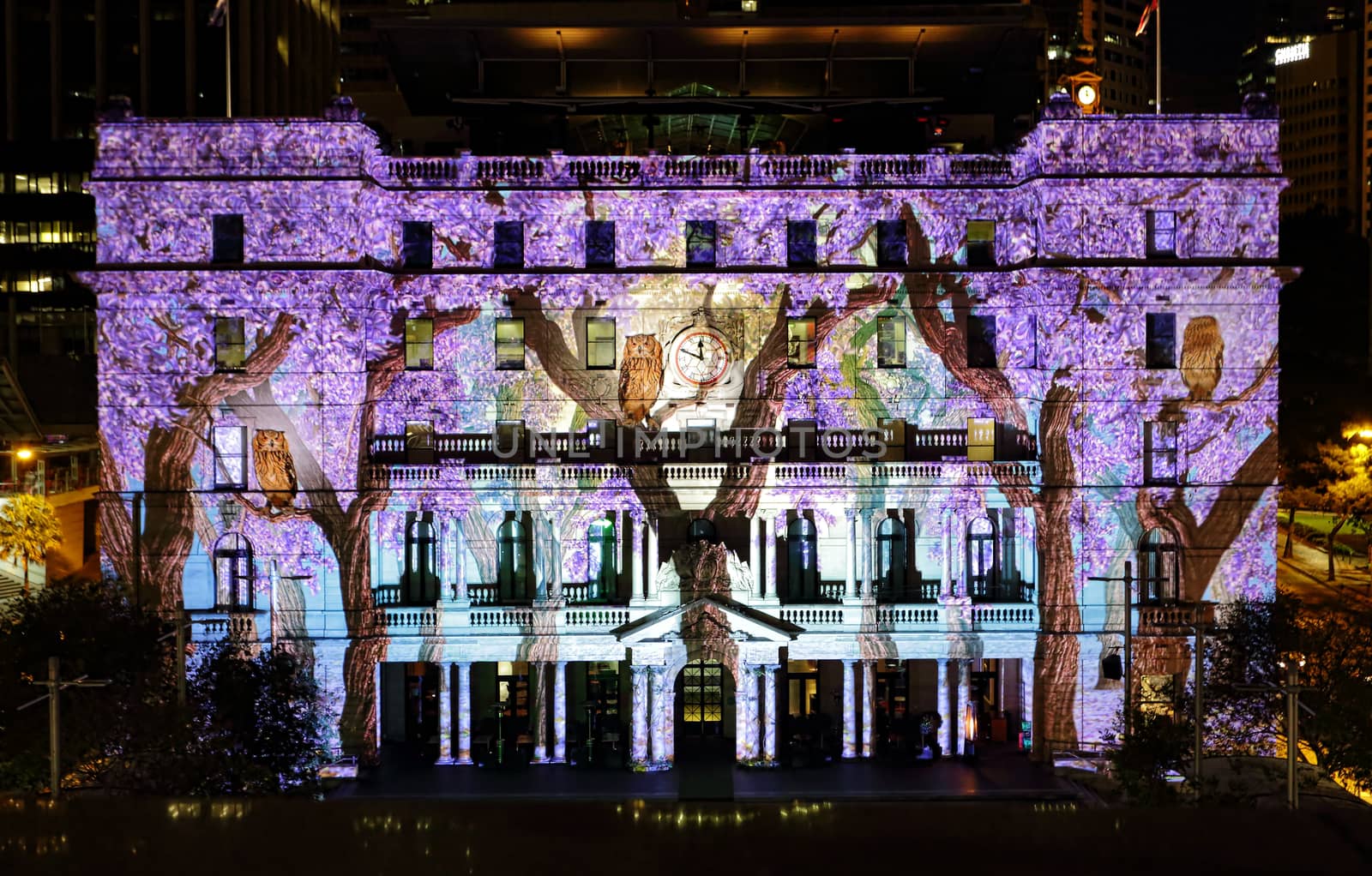SYDNEY, AUSTRALIA - JUNE 2, 2015;  Customs House is one of the buildings brought to life in vivid colours, patters and imagery during Vivid Sydney annual festival event.   Owls and wisteria on display.