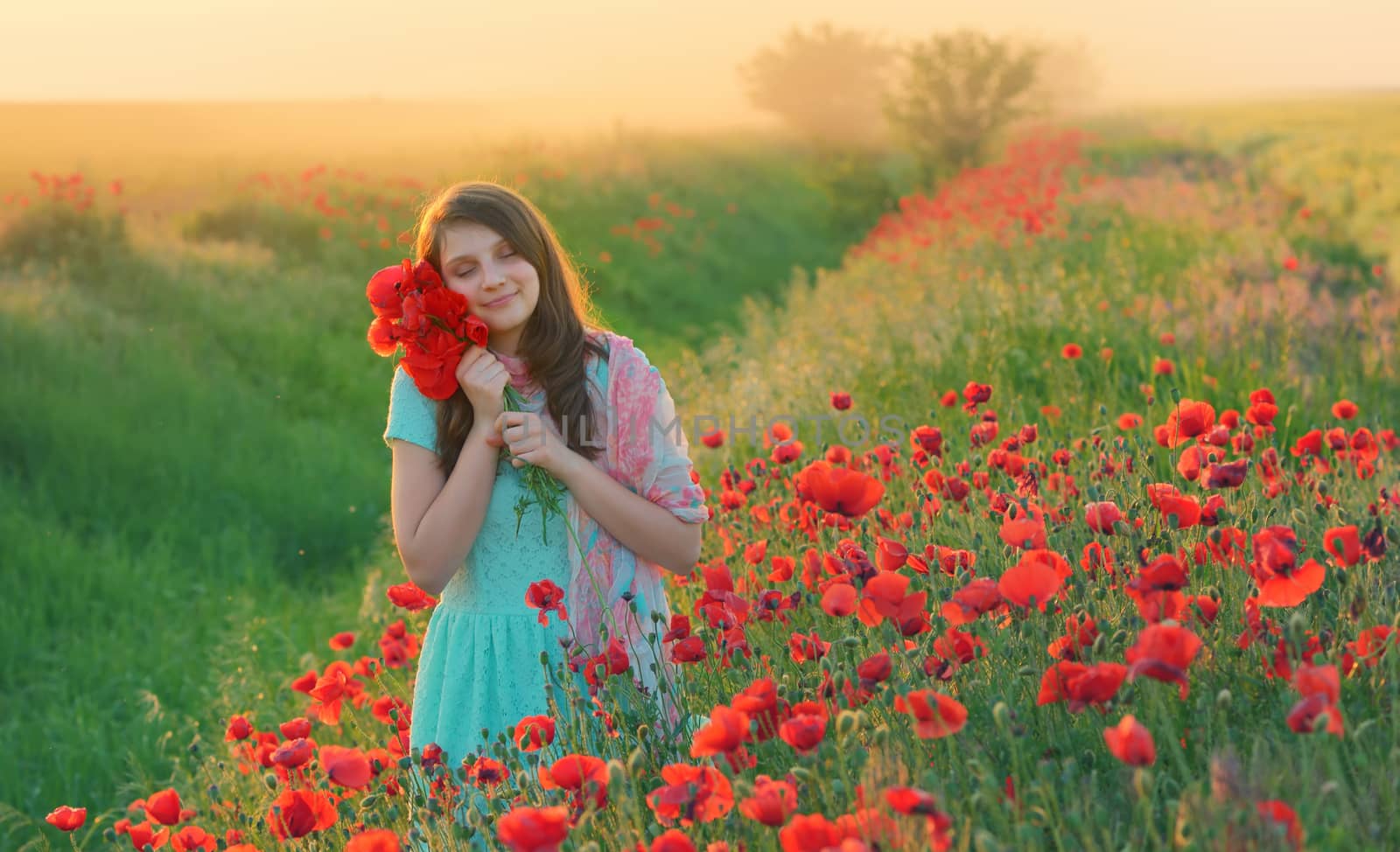 Girl stands in poppy field at sunset