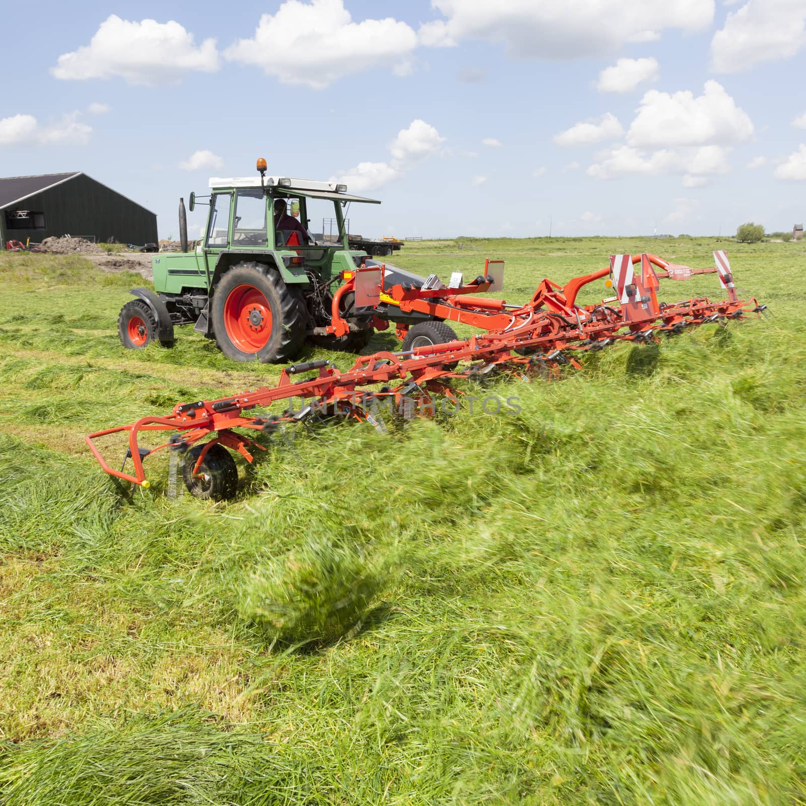 red hay turner in green meadow in the netherlands by ahavelaar