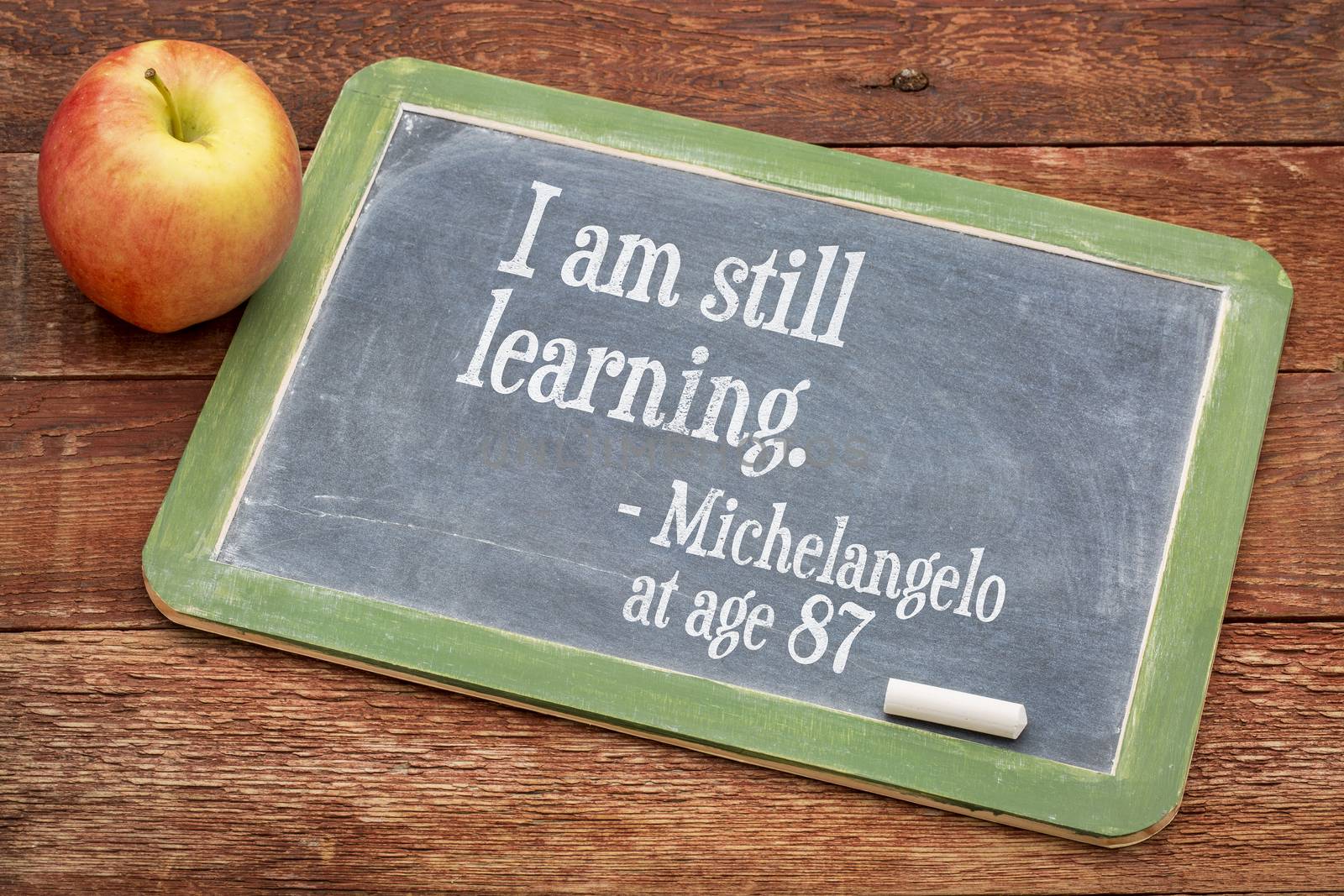 I am still learning - Michelangelo at age 87 - continuous education concept  on a slate blackboard against red barn wood