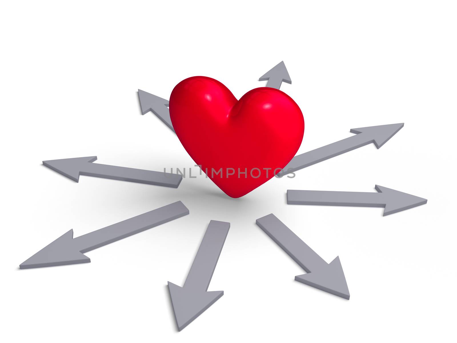 A bright, red heart stands in the center of a multitude of gray arrows radiating outward, representing a heart pulling in many directions at once.  Isolated on white.
