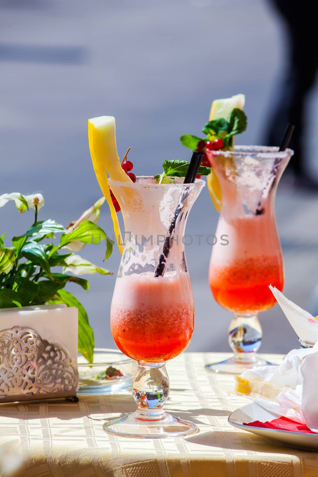 Close up of fruits cocktail on the table