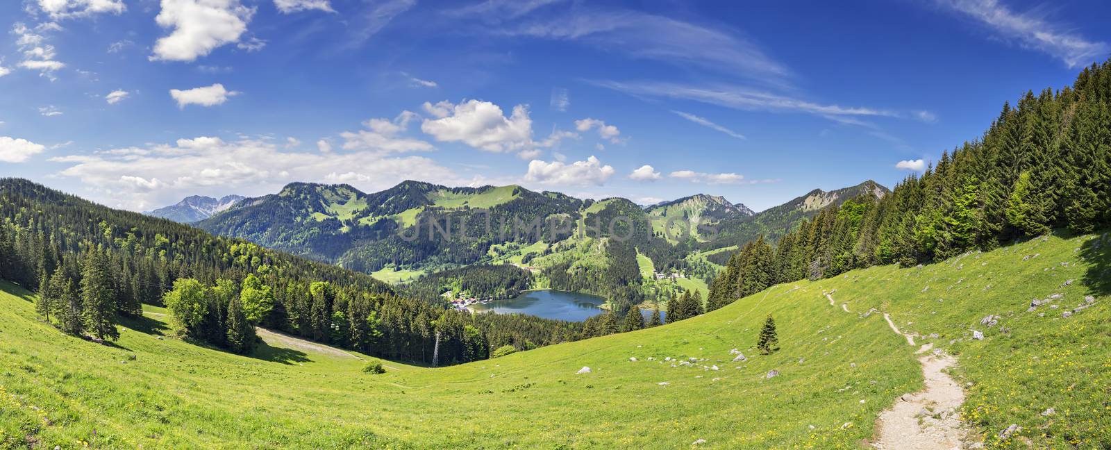 Panorama from mountain Jaegerkamp with view to Spitzingsee in the Alps in Bavaria, Germany