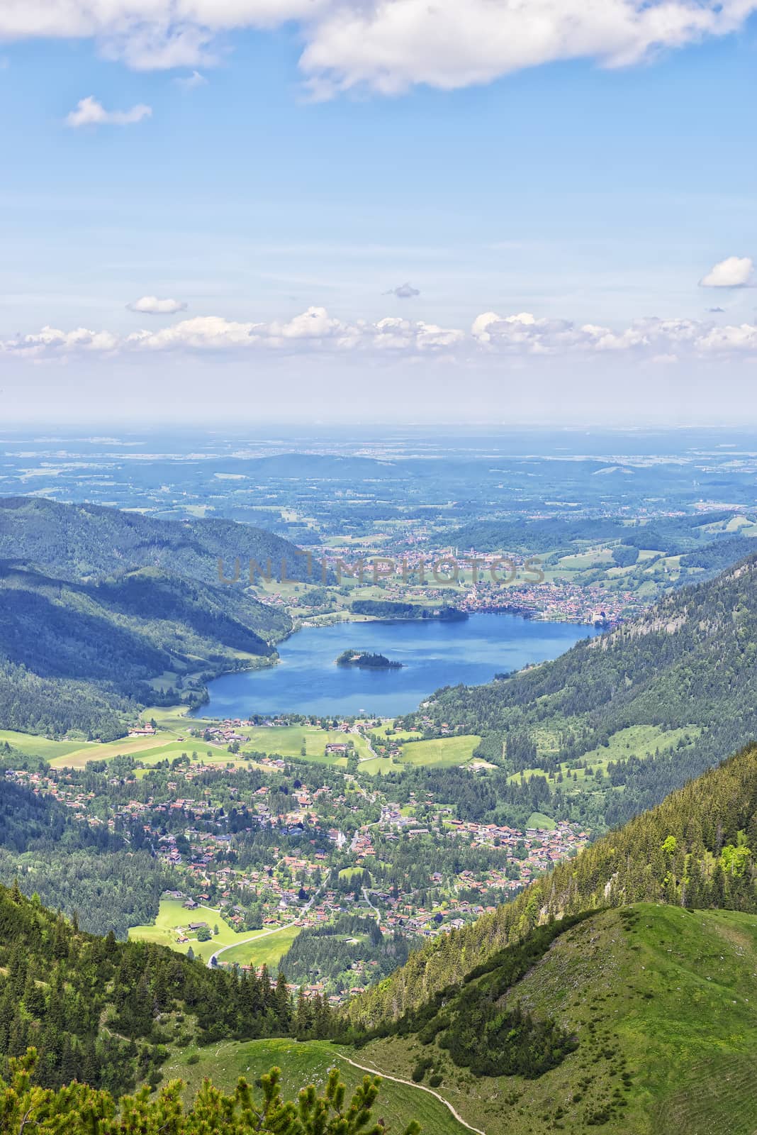 View from summit Jaegerkamp to Schliersee in the Alps in Bavaria, Germany