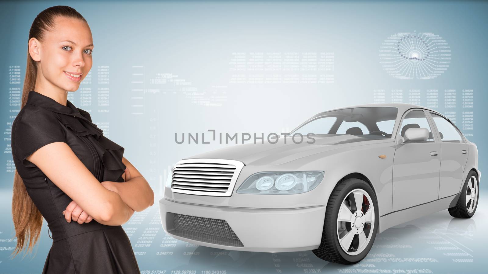 Businesslady with car looking at camera on abstract blue background