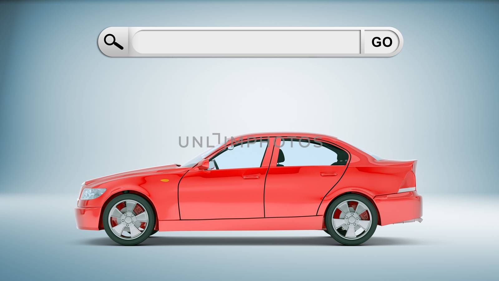 Red car with search field on blue background