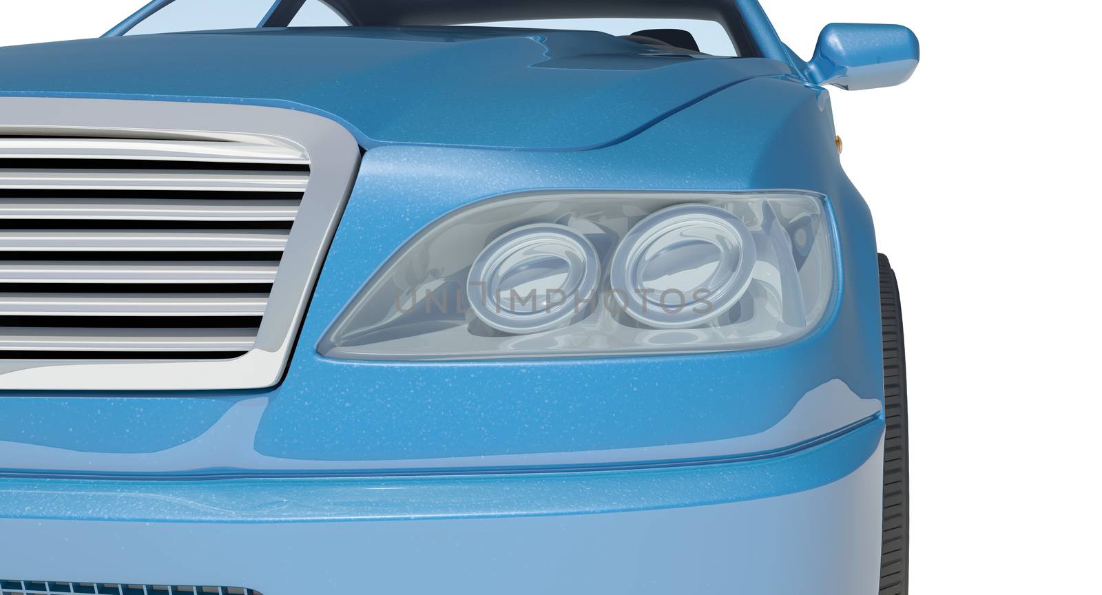 Blue car on isolated white background, front view